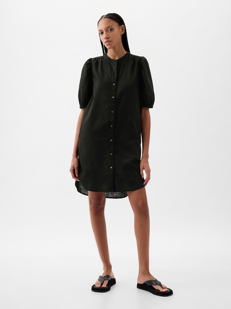 Gap Black Linen Blend Short Puff Sleeve Mini Shirt Dress - Image 2 of 4 Gap Black Linen Blend Short Puff Sleeve Mini Shirt Dress - Image 2 of 4