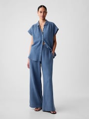 Gap Blue Crinkle Cotton Wide Leg Pull On Trouser - Image 1 of 8
