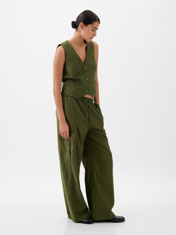 Gap Khaki Green Linen Cotton Waistcoat - Image 1 of 3 Gap Khaki Green Linen Cotton Waistcoat - Image 1 of 3