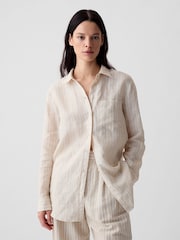 Gap Cream Stripe 100% Linen Long Sleeve Oversized Shirt - Image 1 of 6
