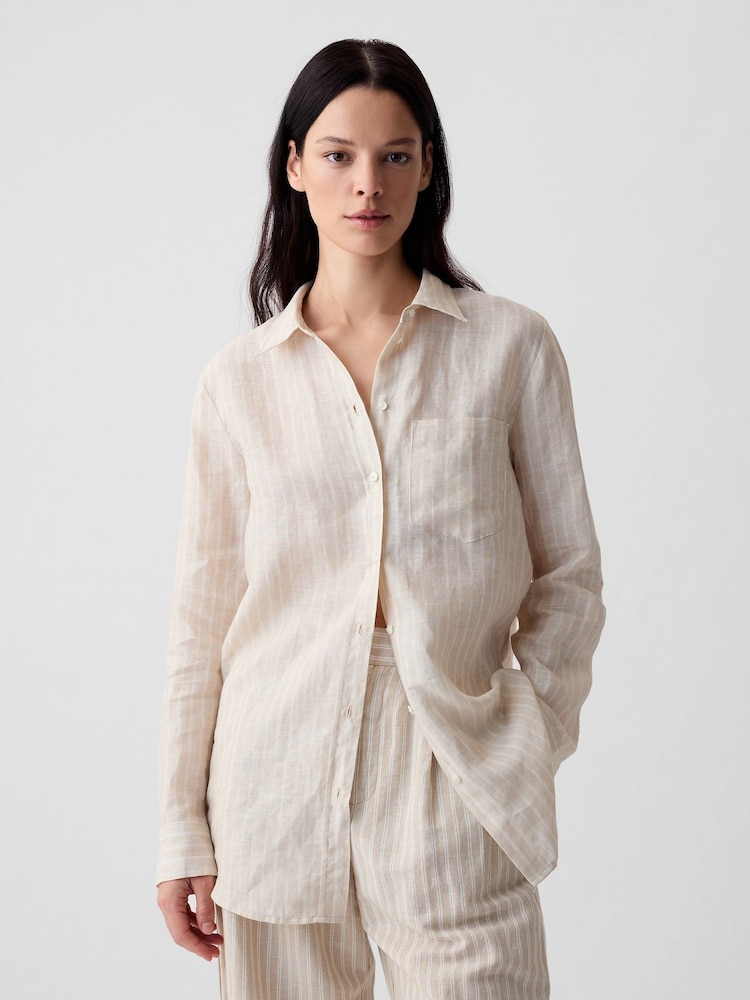 Gap Cream Stripe 100% Linen Long Sleeve Oversized Shirt - Image 1 of 6 Gap Cream Stripe 100% Linen Long Sleeve Oversized Shirt - Image 1 of 6