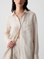 Gap Cream Stripe 100% Linen Long Sleeve Oversized Shirt - Image 4 of 6