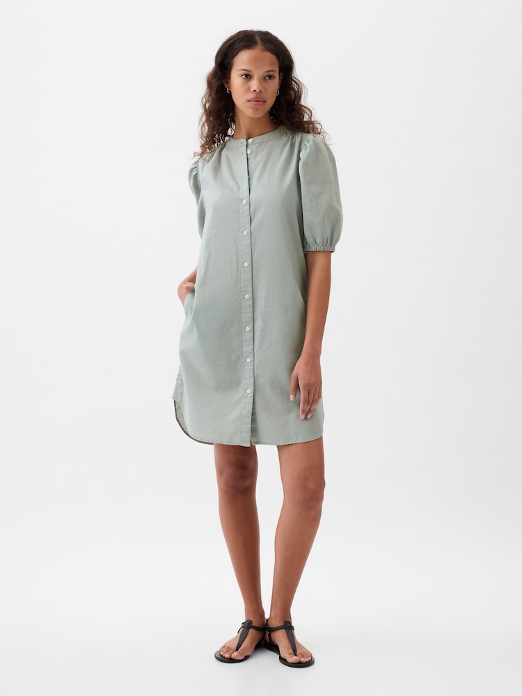 Gap Green Linen Blend Short Puff Sleeve Mini Shirt Dress - Image 2 of 5 Gap Green Linen Blend Short Puff Sleeve Mini Shirt Dress - Image 2 of 5