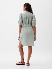 Gap Green Linen Blend Short Puff Sleeve Mini Shirt Dress - Image 3 of 5