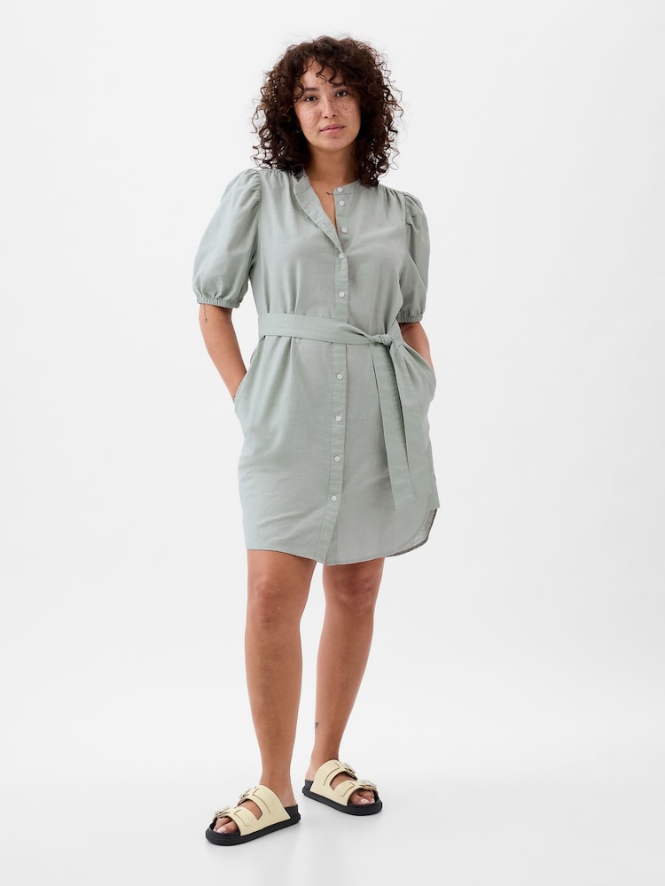 Gap Green Linen Blend Short Puff Sleeve Mini Shirt Dress - Image 5 of 5 Gap Green Linen Blend Short Puff Sleeve Mini Shirt Dress - Image 5 of 5