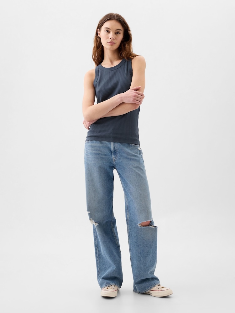 Gap Blue Ribbed Racer High Neck Vest Top - Image 1 of 2