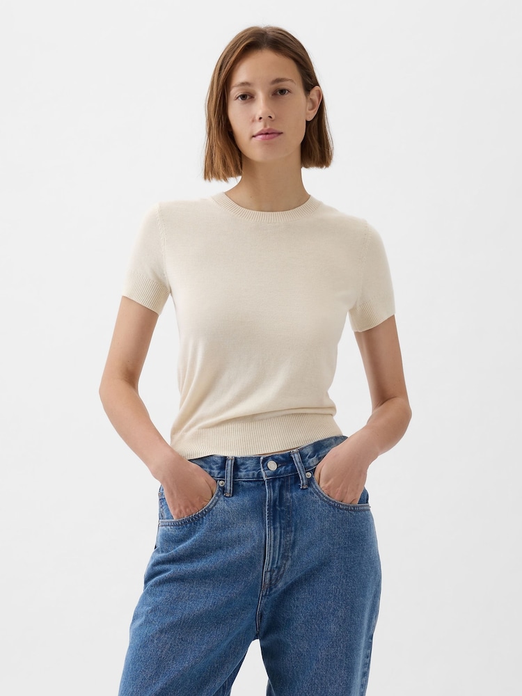 Gap Neutral Lightweight CashSoft Short Sleeve Jumper - Image 1 of 1 Gap Neutral Lightweight CashSoft Short Sleeve Jumper - Image 1 of 1