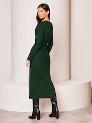 Lipsy Green Long Sleeve Cosy Tie Side Wrap Midi Jumper Dress - Image 2 of 4