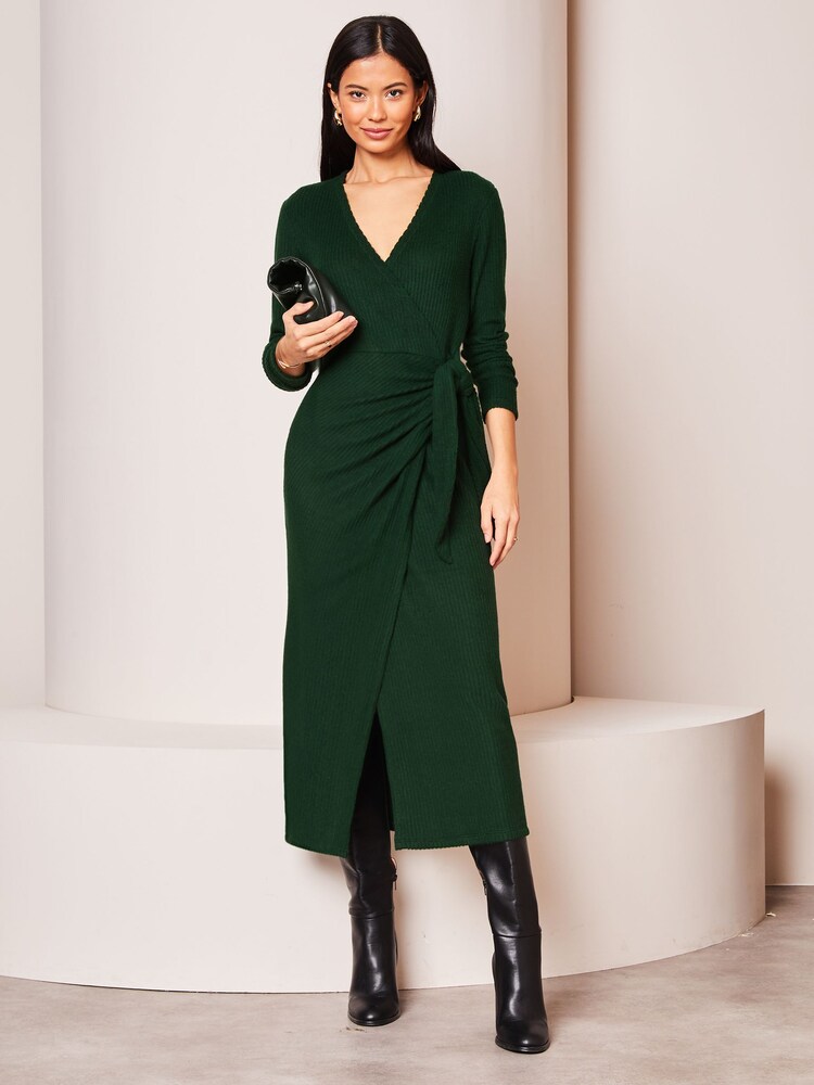 Buy Lipsy Green Long Sleeve Cosy Tie Side Wrap Midi Jumper Dress - Main Image