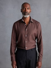 Chocolate Brown Slim Fit Signature Trimmed Premium Long Sleeve Single Cuff 100% Cotton Shirt - Image 1 of 7