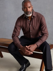 Chocolate Brown Slim Fit Signature Trimmed Premium Long Sleeve Single Cuff 100% Cotton Shirt - Image 2 of 7