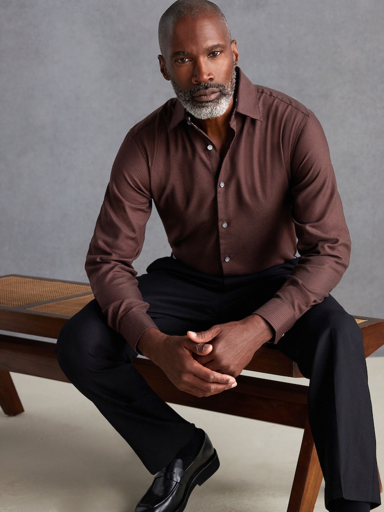 Chocolate Brown Slim Fit Signature Trimmed Premium Long Sleeve Single Cuff 100% Cotton Shirt - Image 2 of 7