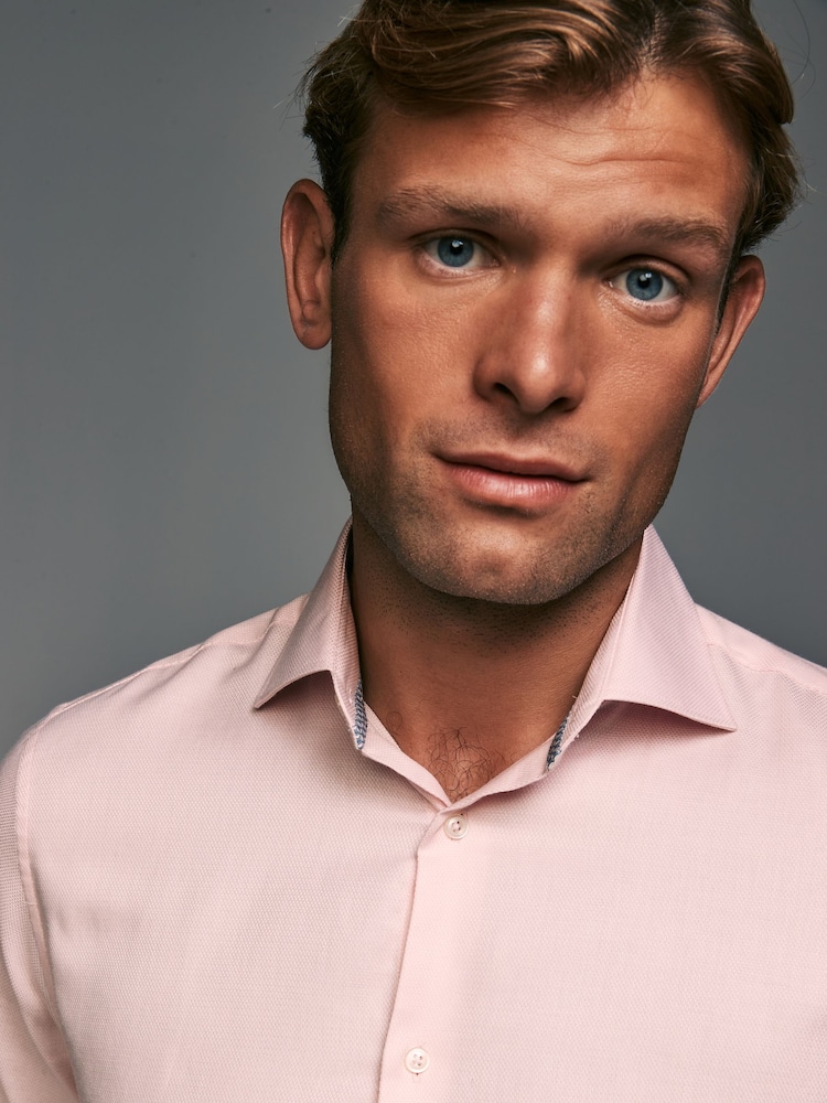 Pink Regular Fit Textured 100% Cotton Poplin Long Sleeve Single Cuff Shirt With Cutaway Collar - Image 1 of 8