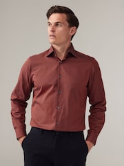Rust Brown Regular Fit Trimmed 100% Cotton Texture Long Sleeve Single Cuff Shirt - Image 1 of 7