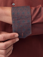 Rust Brown Regular Fit Trimmed 100% Cotton Texture Long Sleeve Single Cuff Shirt - Image 4 of 7