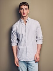 Neutral Brown/White Stripe Regular Fit Single Cuff 100% Cotton Shirt With Cutaway Collar - Image 1 of 8