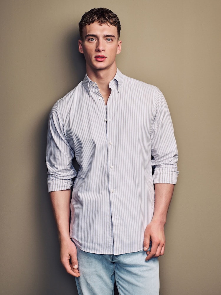 Neutral Brown/White Stripe Regular Fit Single Cuff 100% Cotton Shirt With Cutaway Collar - Image 1 of 8