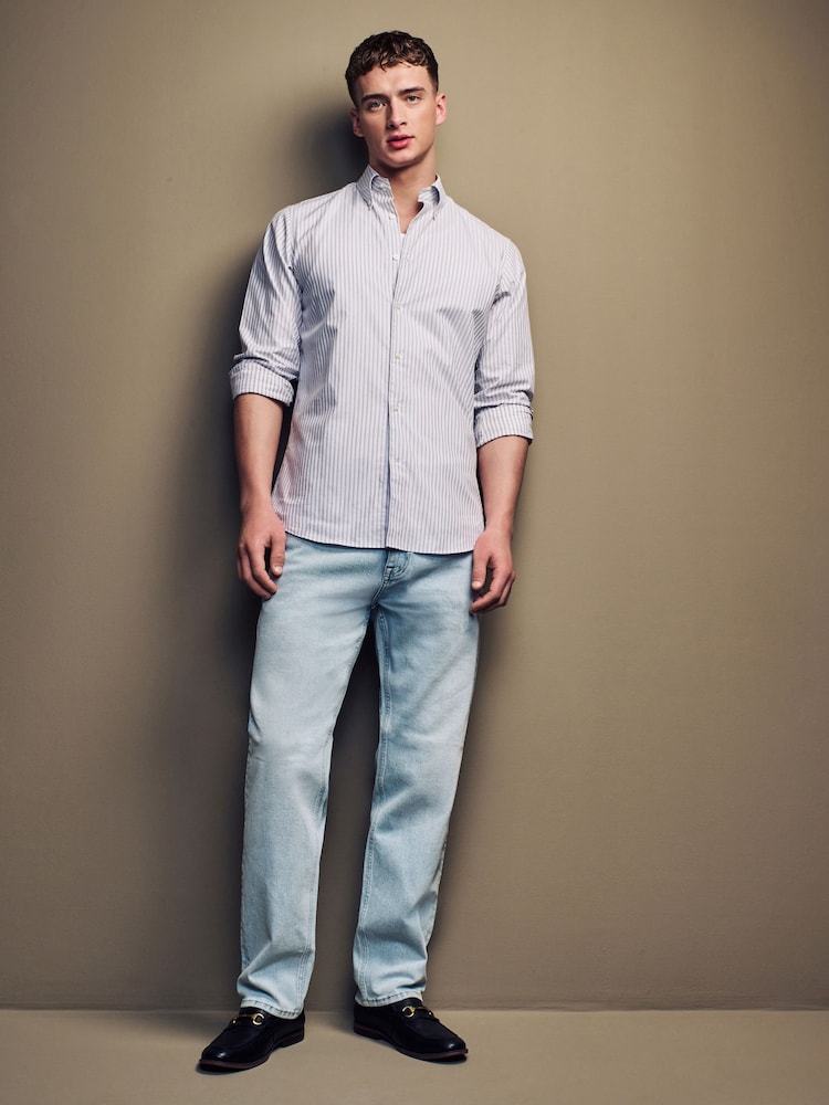 Neutral Brown/White Stripe Regular Fit Single Cuff 100% Cotton Shirt With Cutaway Collar - Image 2 of 8