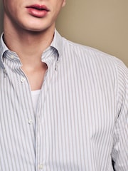 Neutral Brown/White Stripe Regular Fit Single Cuff 100% Cotton Shirt With Cutaway Collar - Image 4 of 8