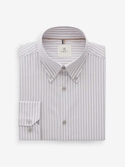 Neutral Brown/White Stripe Regular Fit Single Cuff 100% Cotton Shirt With Cutaway Collar - Image 6 of 8
