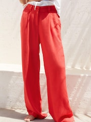 Red Linen Blend Wide Leg Trousers - Image 3 of 8
