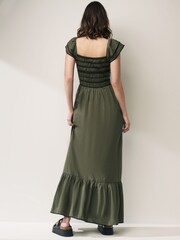 Khaki Green Shirred 100% Cotton Midi Dress - Image 4 of 4