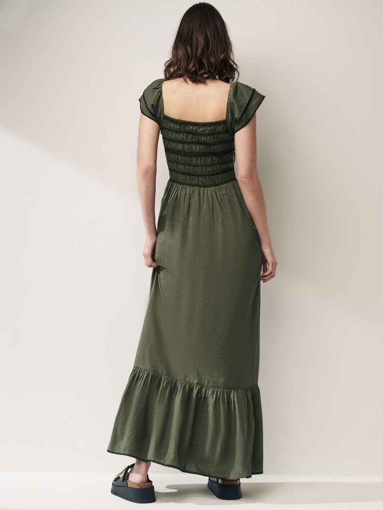 Khaki Green Shirred 100% Cotton Midi Dress - Image 4 of 4 Khaki Green Shirred 100% Cotton Midi Dress - Image 4 of 4
