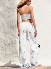 White Embroidered Wide Leg Trousers With Linen - Image 2 of 7