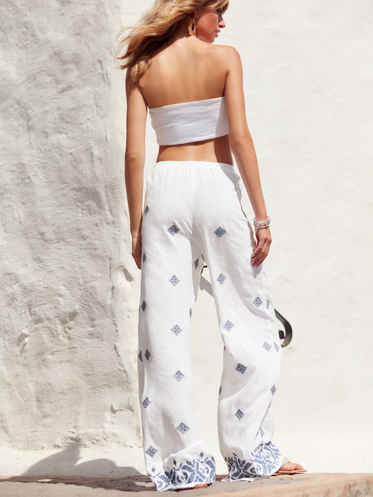 White Embroidered Wide Leg Trousers With Linen - Image 2 of 7