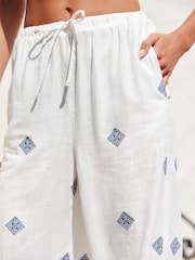White Embroidered Wide Leg Trousers With Linen - Image 3 of 7