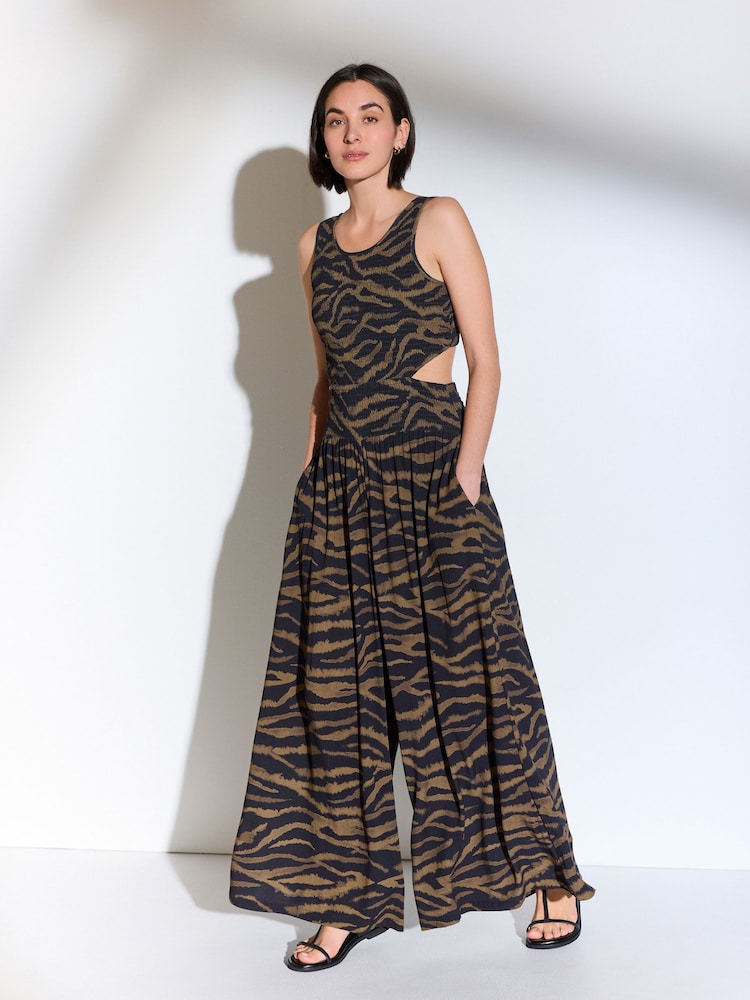 Zebra Print Shirred Jumpsuit - Image 1 of 5