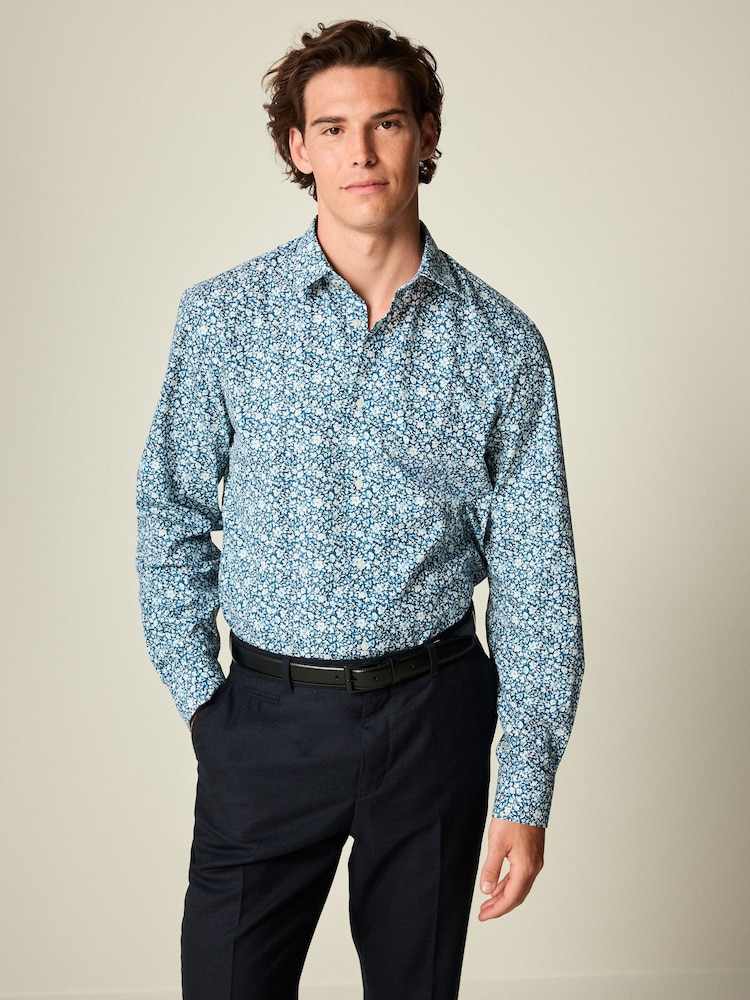 Navy Blue Regular Fit Easy Care Long Sleeve Single Cuff Floral Shirt - Image 1 of 8