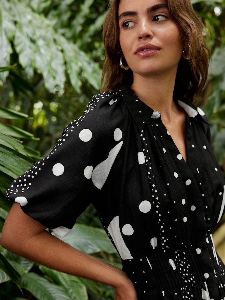 Negru - Rochie midi cu mâneci bufante - Imaginea 2 din 6