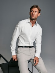 White Slim Fit Trimmed 100% Cotton Texture Long Sleeve Single Cuff Shirt - Image 1 of 9