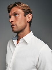 White Slim Fit Trimmed 100% Cotton Texture Long Sleeve Single Cuff Shirt - Image 2 of 9
