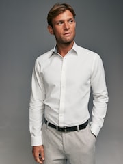 White Slim Fit Trimmed 100% Cotton Texture Long Sleeve Single Cuff Shirt - Image 5 of 9