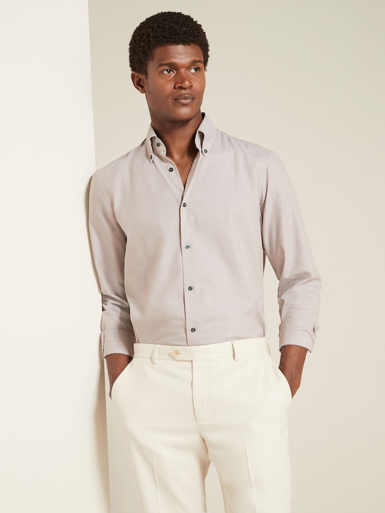 Neutral Brown Regular Fit Easy Care Long Sleeve Single Cuff Royal Oxford Shirt - Image 1 of 8