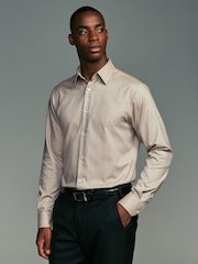 Neutral Brown Slim Fit Textured Long Sleeve Single Cuff 100% Cotton Shirt' - Image 1 of 9