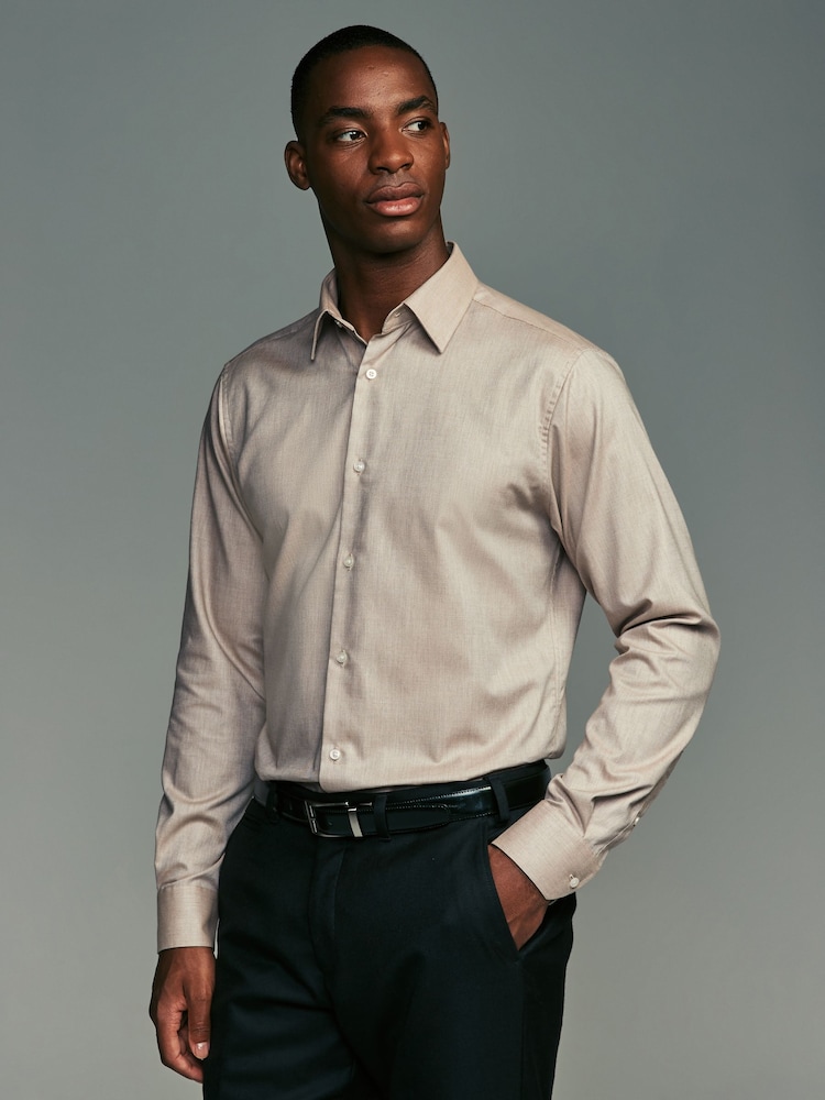 Neutral Brown Slim Fit Textured Long Sleeve Single Cuff 100% Cotton Shirt' - Image 1 of 9