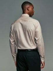 Neutral Brown Slim Fit Textured Long Sleeve Single Cuff 100% Cotton Shirt' - Image 3 of 9