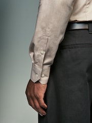 Neutral Brown Slim Fit Textured Long Sleeve Single Cuff 100% Cotton Shirt' - Image 6 of 9