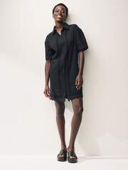 Black Mini 100% Cotton Broderie Shirt Dress - Image 1 of 4