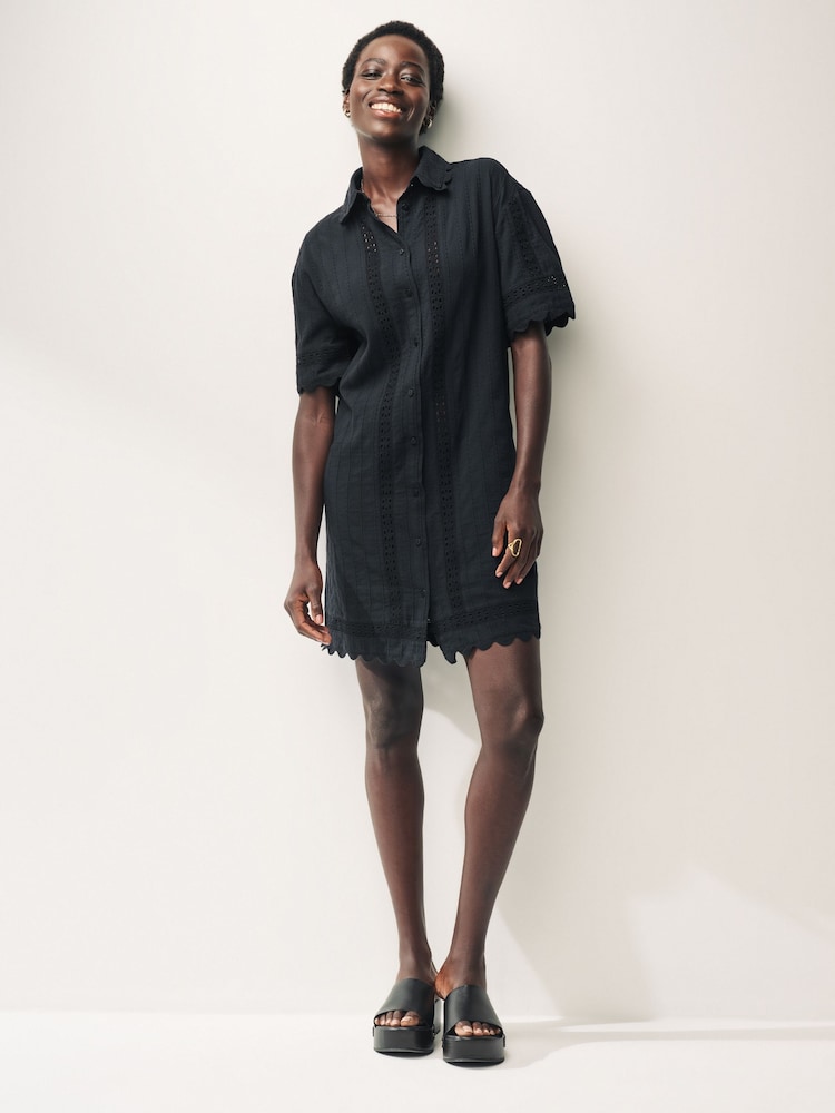 Black Mini 100% Cotton Broderie Shirt Dress - Image 1 of 4