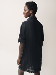 Black Mini 100% Cotton Broderie Shirt Dress - Image 2 of 4