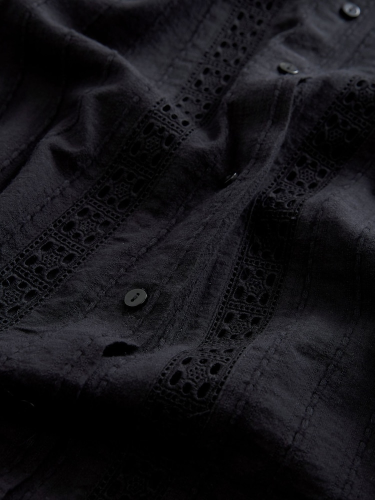 Black Mini 100% Cotton Broderie Shirt Dress - Image 4 of 4