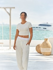 Ecru Linen Blend Double Waistband Wide Leg 100% Cotton Trousers - Image 1 of 9