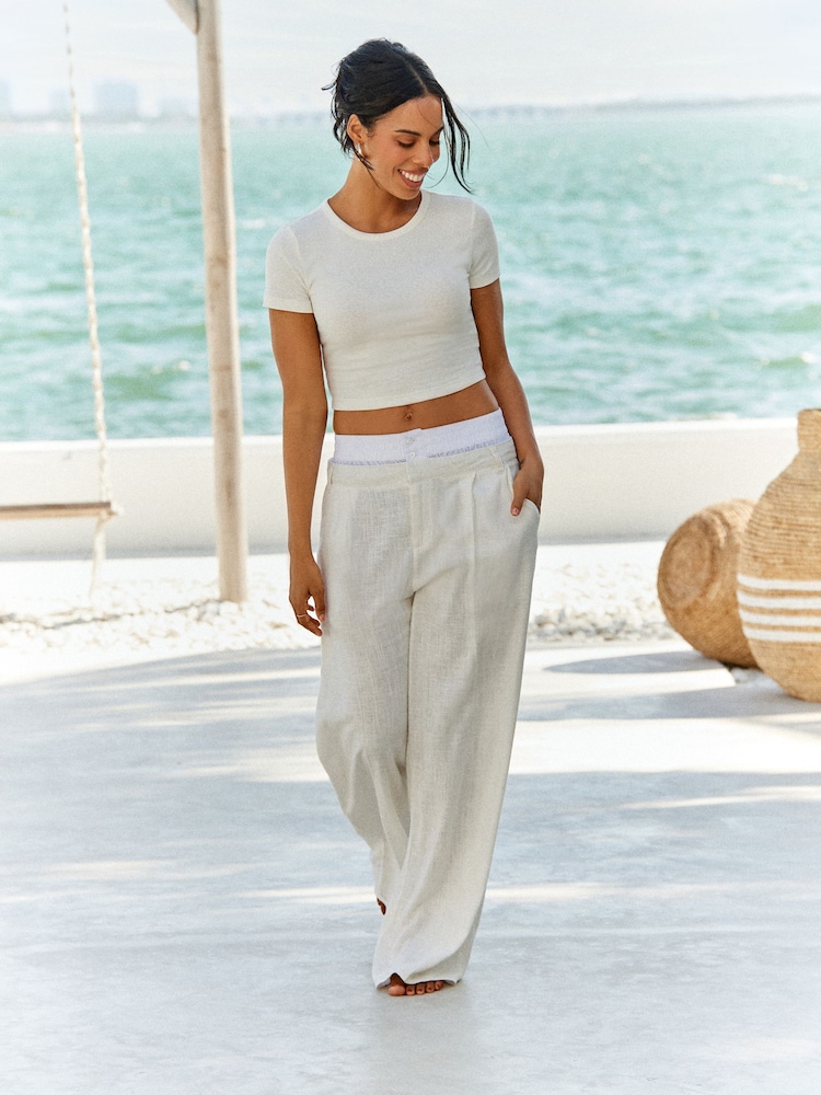 Ecru Linen Blend Double Waistband Wide Leg 100% Cotton Trousers - Image 2 of 9