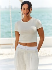 Ecru Linen Blend Double Waistband Wide Leg 100% Cotton Trousers - Image 3 of 9