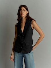 Black Linen Blend Long Line Waistcoat - Image 1 of 7