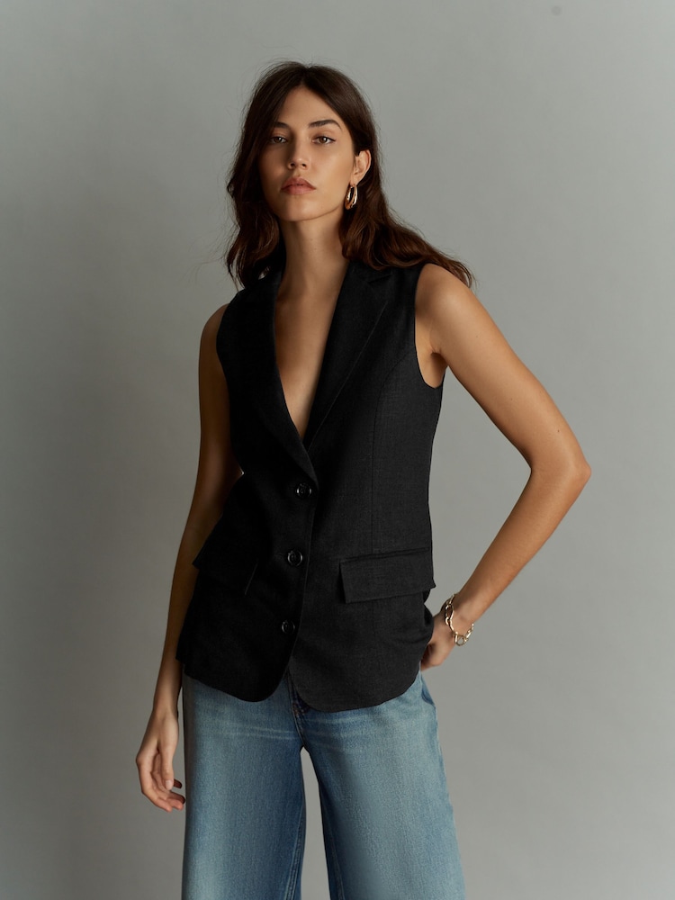 Black Linen Blend Long Line Waistcoat - Image 1 of 7